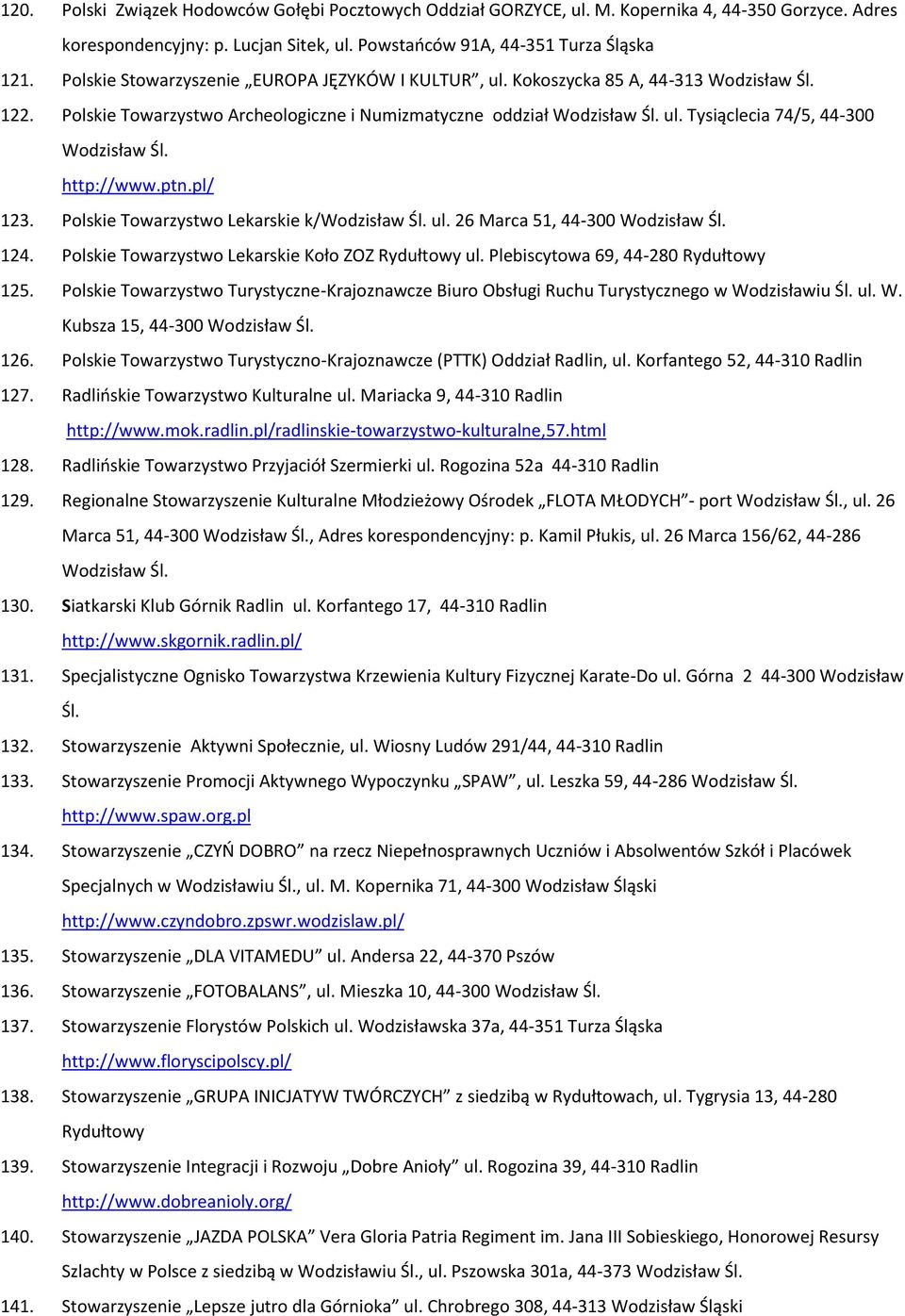 Polskie Towarzystwo Lekarskie k/ ul. 26 Marca 51, 44-300 124. Polskie Towarzystwo Lekarskie Koło ZOZ Rydułtowy ul. Plebiscytowa 69, 44-280 Rydułtowy 125.