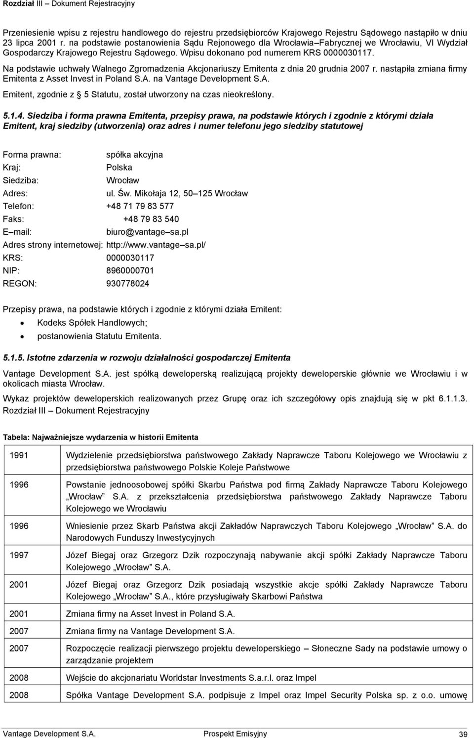 Na podstawie uchwały Walnego Zgromadzenia Akcjonariuszy Emitenta z dnia 20 grudnia 2007 r. nastąpiła zmiana firmy Emitenta z Asset Invest in Poland S.A. na Vantage Development S.A. Emitent, zgodnie z 5 Statutu, został utworzony na czas nieokreślony.