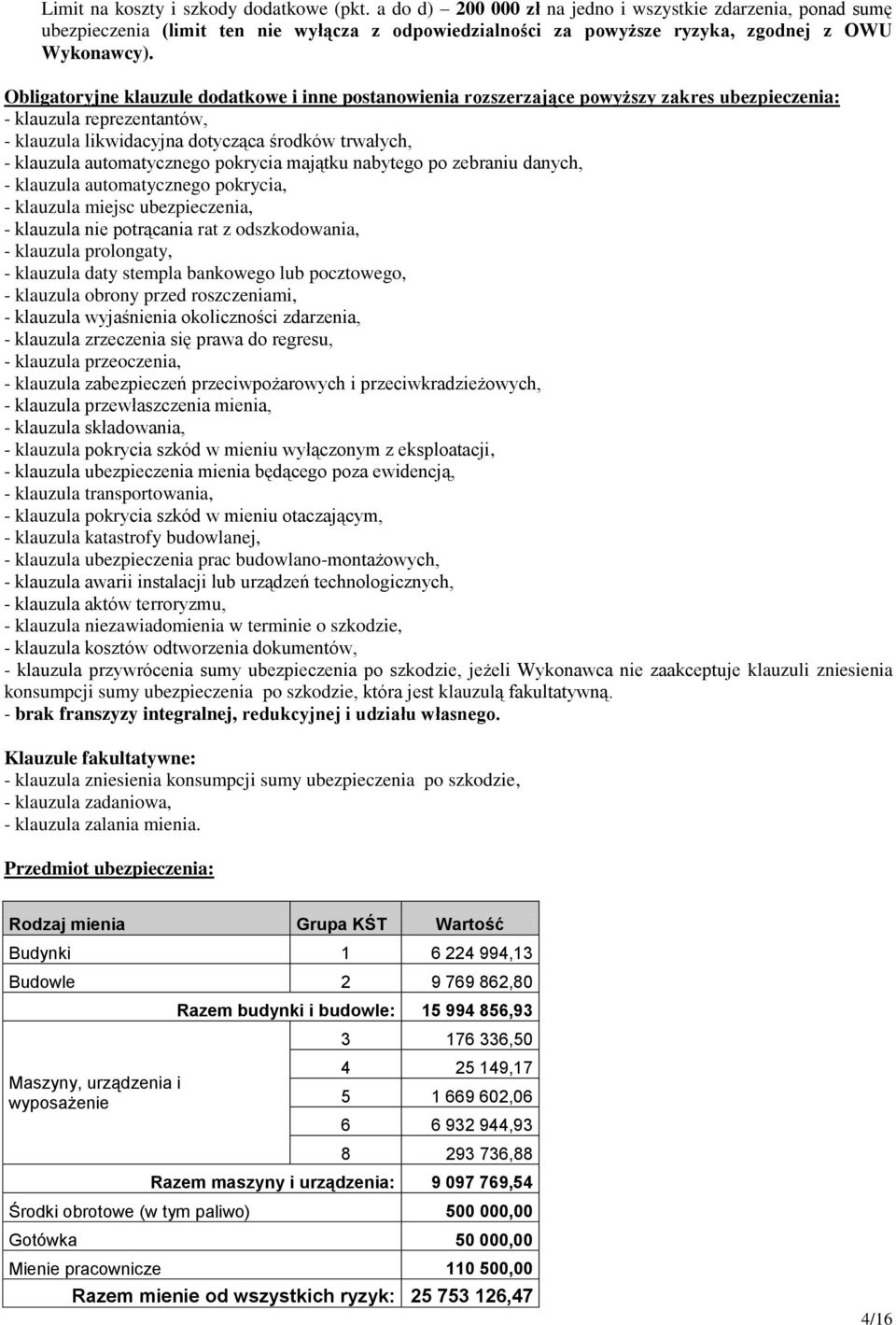 Obligatoryjne klauzule dodatkowe i inne postanowienia rozszerzające powyższy zakres ubezpieczenia: - klauzula reprezentantów, - klauzula likwidacyjna dotycząca środków trwałych, - klauzula