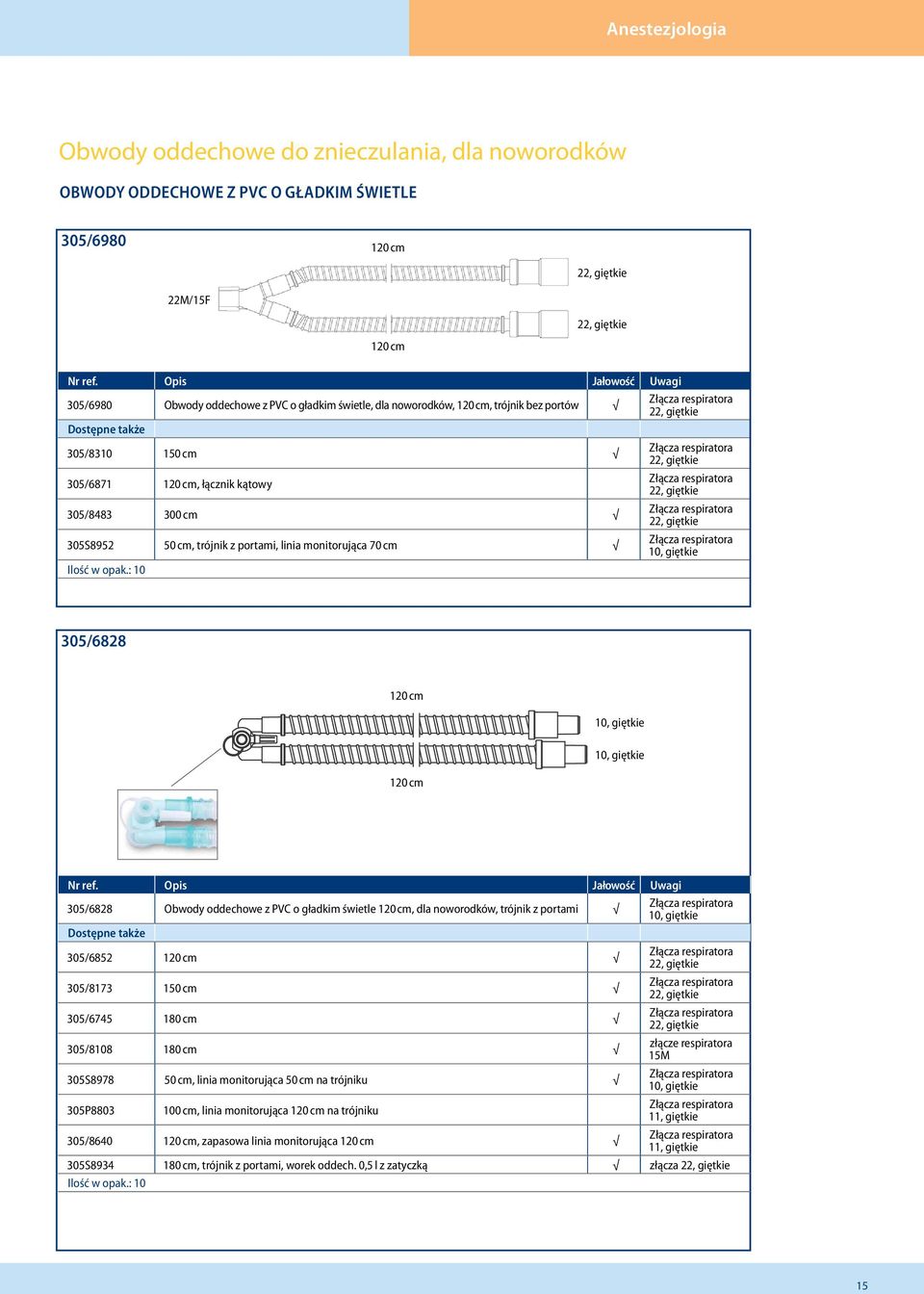 giętkie 305/6828 Obwody oddechowe z PVC o gładkim świetle 120 cm, dla noworodków, trójnik z portami 10, giętkie 305/6852 120 cm 305/8173 150 cm 305/6745 180 cm 305/8108 180 cm złącze respiratora