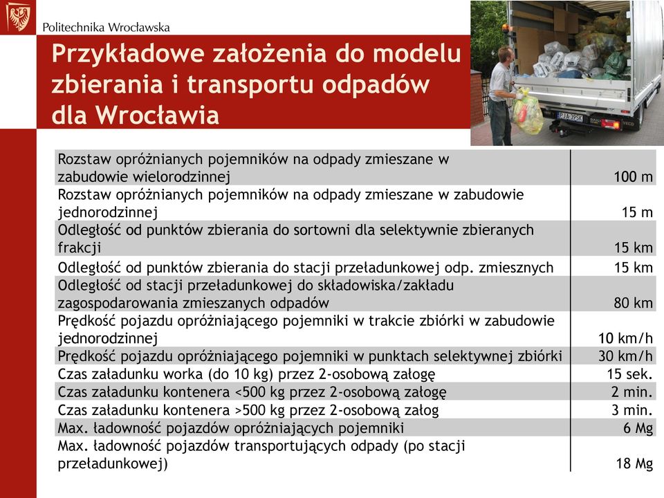 zmiesznych Odległość od stacji przeładunkowej do składowiska/zakładu zagospodarowania zmieszanych odpadów Prędkość pojazdu opróżniającego pojemniki w trakcie zbiórki w zabudowie jednorodzinnej