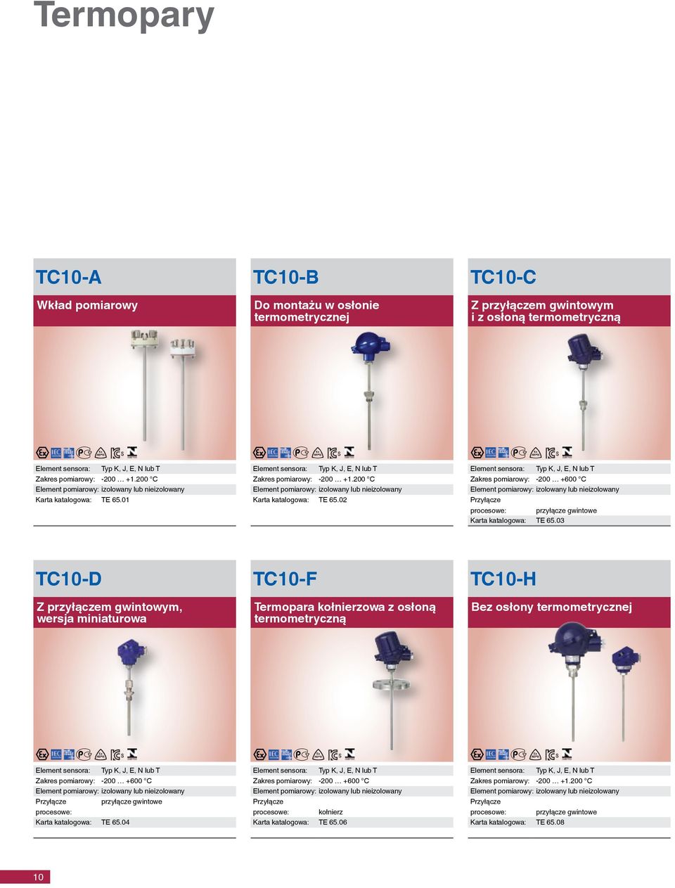 03 TC10-D Z przyłączem gwintowym, wersja miniaturowa TC10-F Termopara kołnierzowa z osłoną termometryczną TC10-H Bez osłony termometrycznej Element sensora: Typ K, J, E, N lub T Zakres pomiarowy: