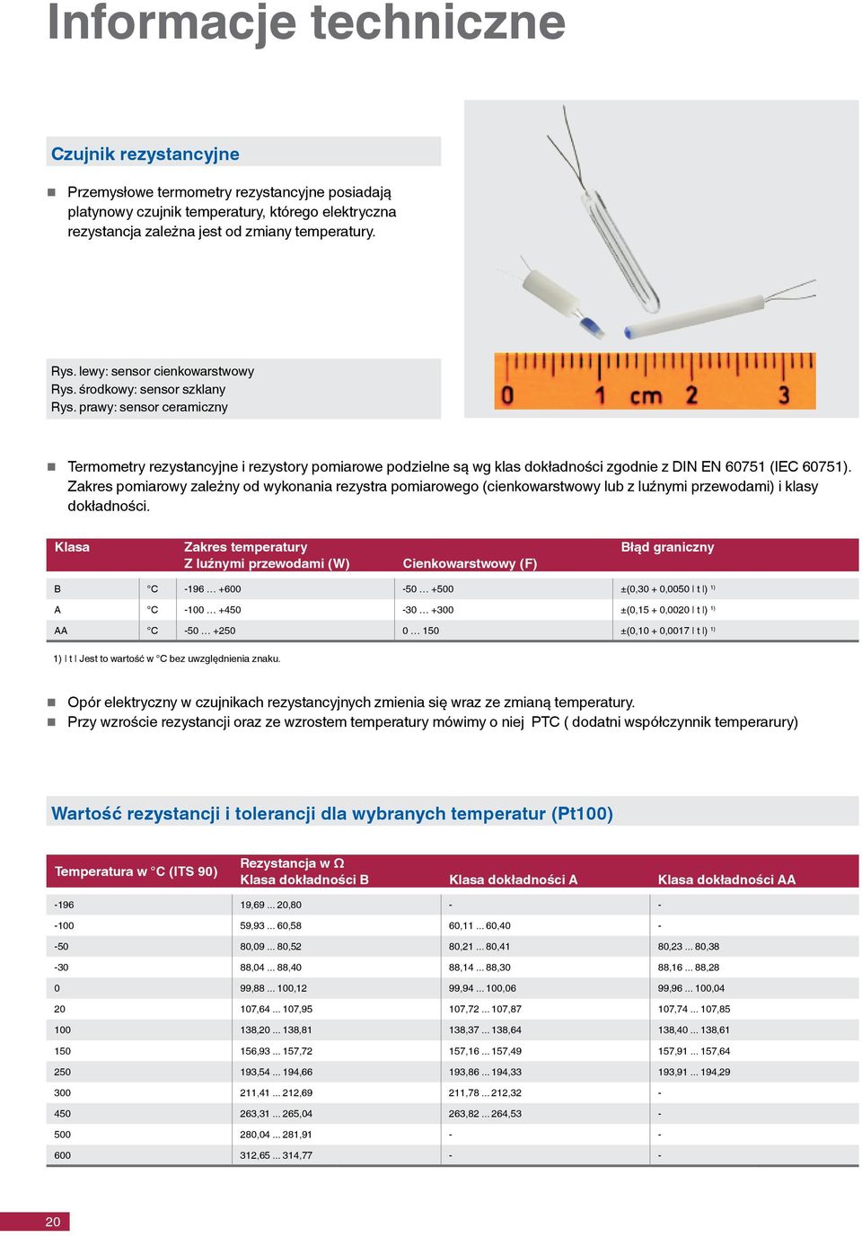 prawy: sensor ceramiczny Termometry rezystancyjne i rezystory pomiarowe podzielne są wg klas dokładności zgodnie z DIN EN 60751 (IEC 60751).