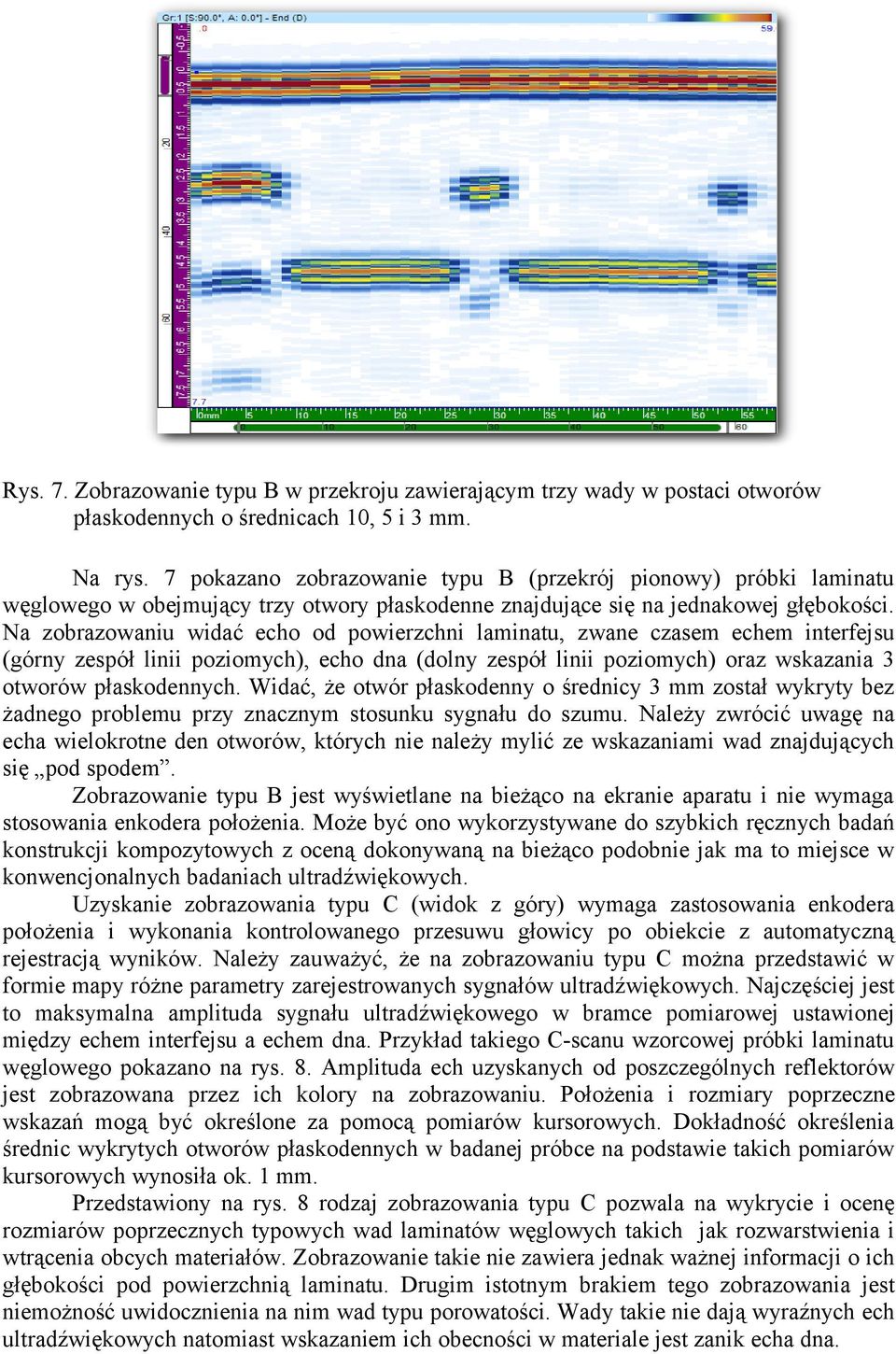 Na zobrazowaniu widać echo od powierzchni laminatu, zwane czasem echem interfejsu (górny zespół linii poziomych), echo dna (dolny zespół linii poziomych) oraz wskazania 3 otworów płaskodennych.