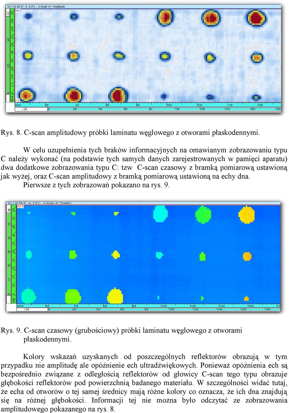 tzw C-scan czasowy z bramką pomiarową ustawioną jak wyżej, oraz C-scan amplitudowy z bramką pomiarową ustawioną na echy dna. Pierwsze z tych zobrazowań pokazano na rys. 9.