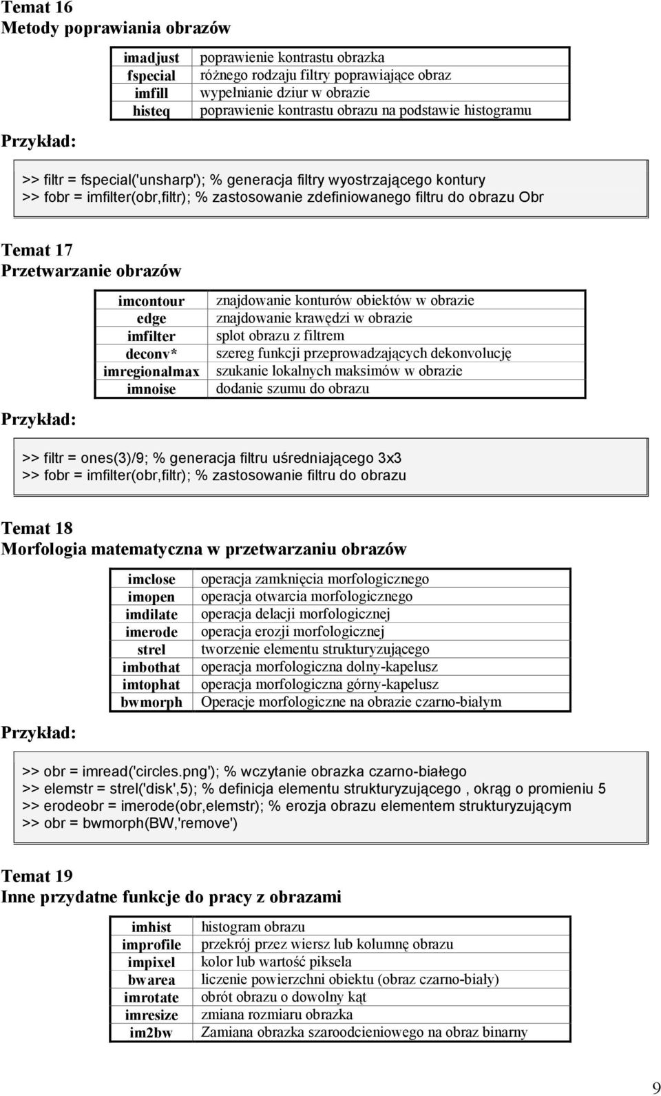 zdefiniowanego filtru do obrazu Obr Temat 17 Przetwarzanie obrazów imcontour edge imfilter deconv* imregionalmax imnoise znajdowanie konturów obiektów w obrazie znajdowanie krawdzi w obrazie splot
