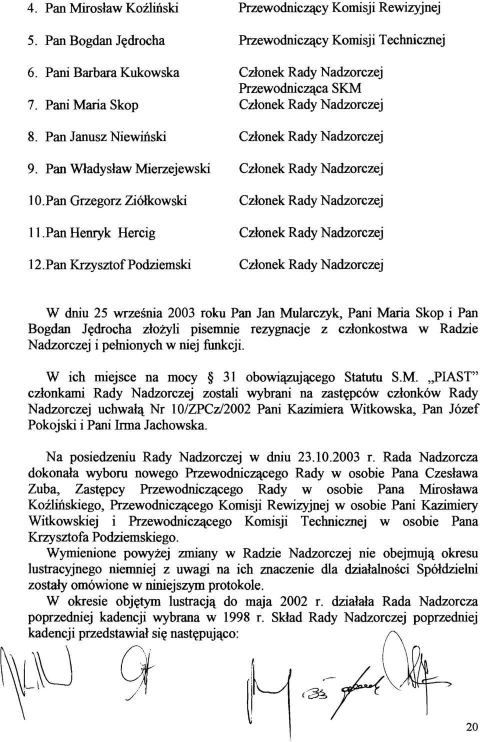 Pan KrzysztofPodziemski Czlonek Rady Nadzorczej Czlonek Rady Nadzorczej Czlonek Rady Nadzorczej W dniu 25 wrzesnia 2003 roku Pan Jan Mularczyk, Pani Maria Skop i Pan Bogdan Jedrocha zlozyli pisemnie