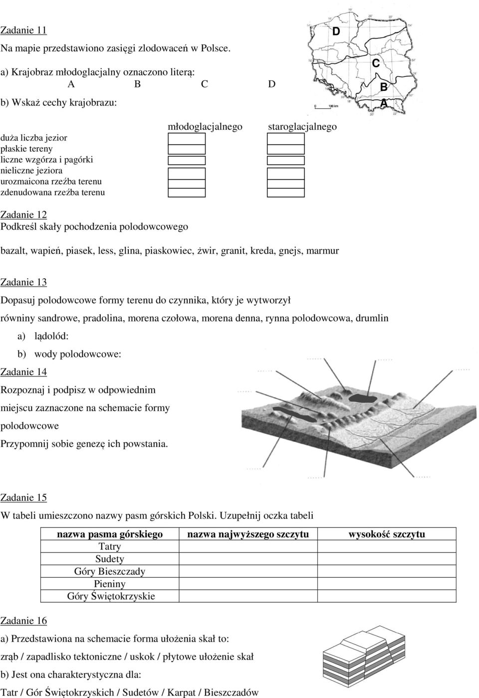 zdenudowana rzeźba terenu młodoglacjalnego staroglacjalnego Zadanie 12 Podkreśl skały pochodzenia polodowcowego bazalt, wapień, piasek, less, glina, piaskowiec, żwir, granit, kreda, gnejs, marmur