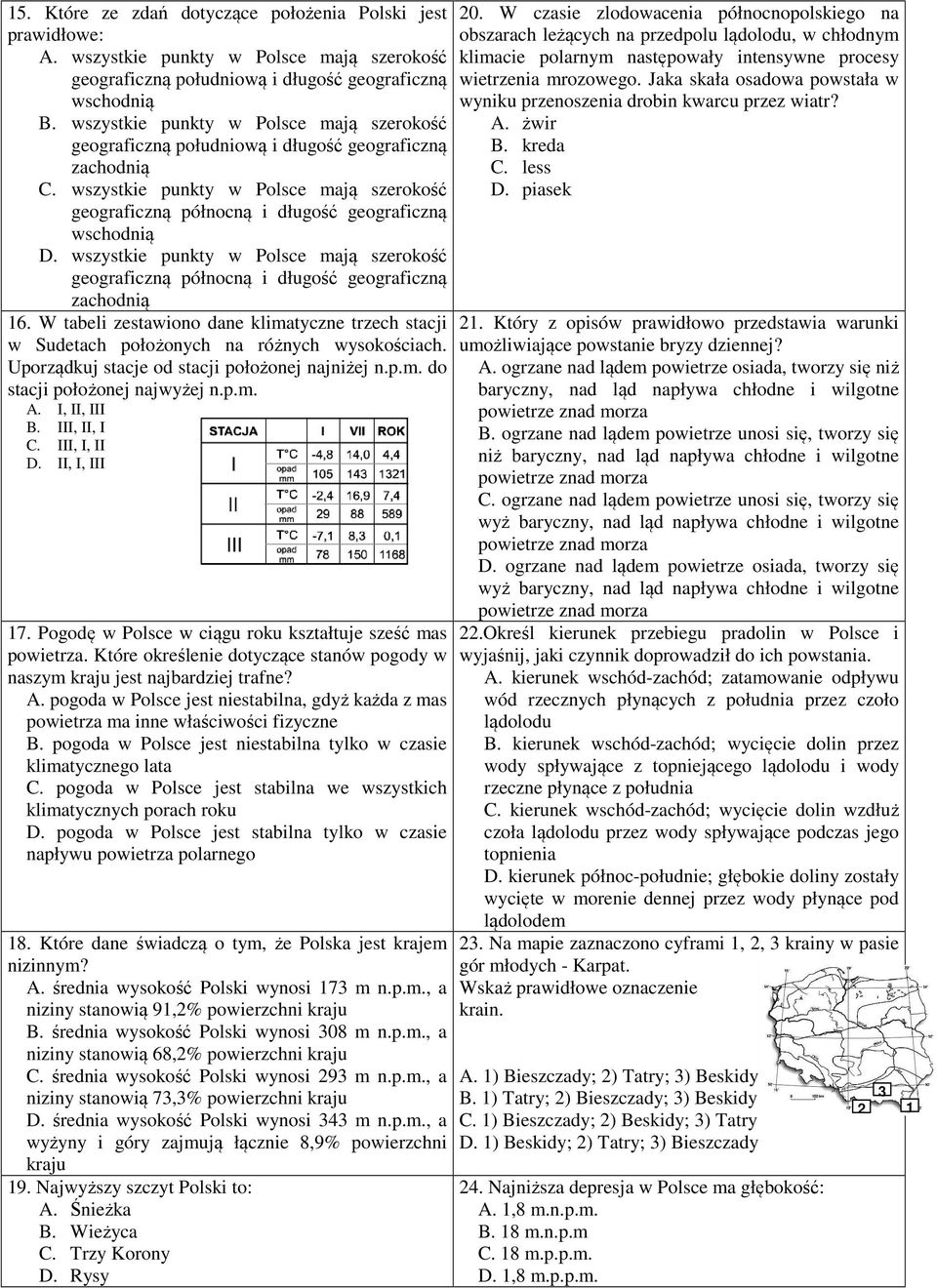 wszystkie punkty w Polsce mają szerokość geograficzną północną i długość geograficzną zachodnią 16. W tabeli zestawiono dane klimatyczne trzech stacji w Sudetach położonych na różnych wysokościach.