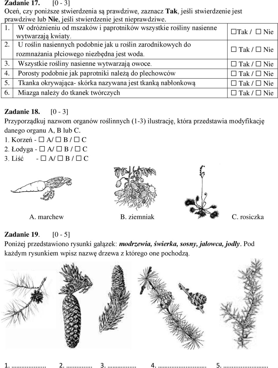 Porosty podobnie jak paprotniki należą do plechowców Tak / Nie 5. Tkanka okrywająca- skórka nazywana jest tkanką nabłonkową Tak / Nie 6. Miazga należy do tkanek twórczych Tak / Nie Zadanie 18.