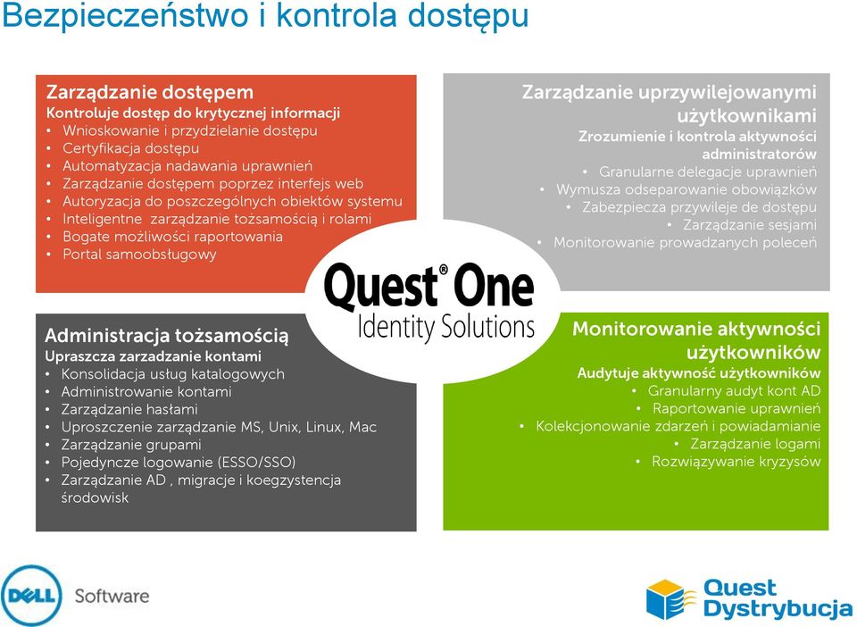 uprzywilejowanymi użytkownikami Zrozumienie i kontrola aktywności administratorów Granularne delegacje uprawnień Wymusza odseparowanie obowiązków Zabezpiecza przywileje de dostępu Zarządzanie sesjami