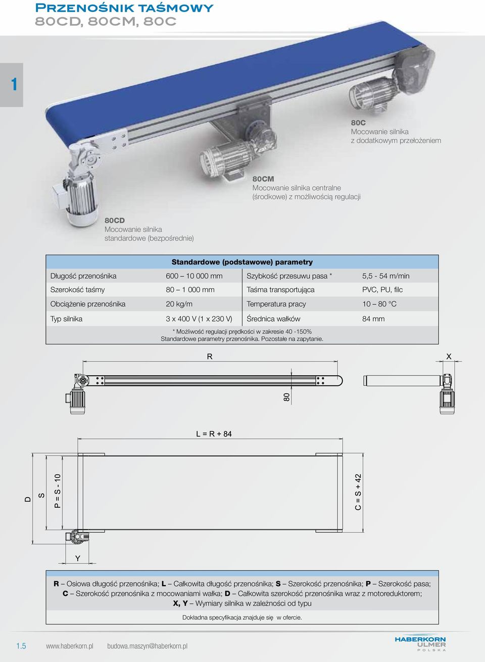 przenośnika 20 kg/m Temperatura pracy 10 80 C Typ silnika 3 x 400 V (1 x 230 V) Średnica wałków 84 mm * Możliwość regulacji prędkości w zakresie 40-150% Standardowe parametry przenośnika.