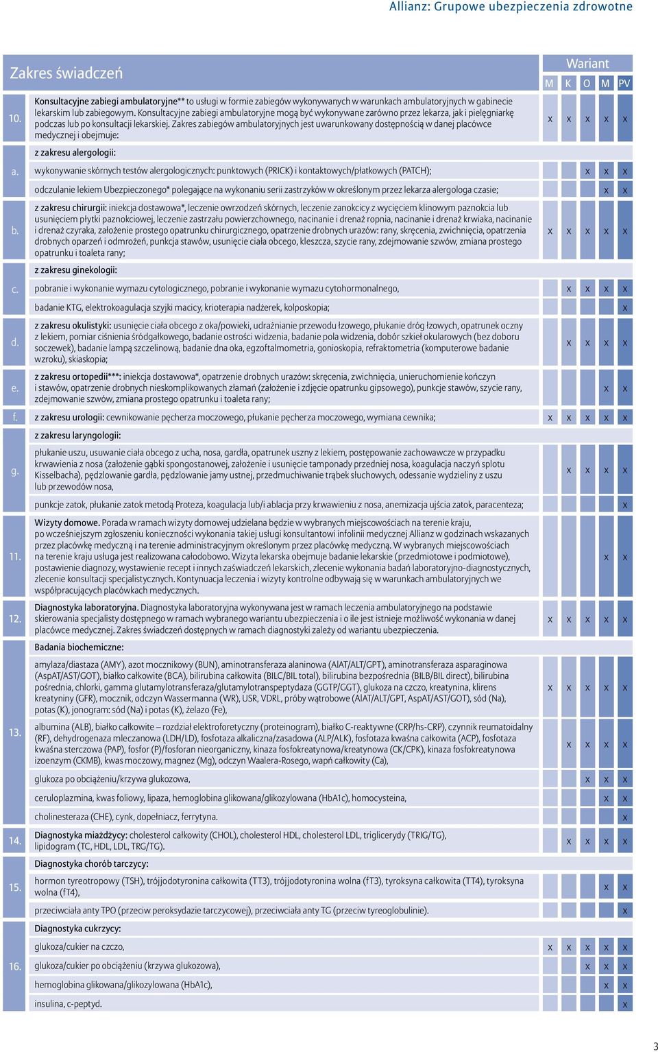 Zakres zabiegów ambulatoryjnych jest uwarunkowany dostępnością w danej placówce medycznej i obejmuje: Wariant M K O M PV z zakresu alergologii: wykonywanie skórnych testów alergologicznych: