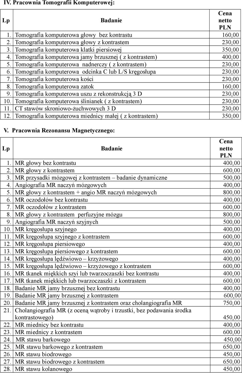 Tomografia komputerowa odcinka C lub L/S kręgosłupa 230,00 7. Tomografia komputerowa kości 230,00 8. Tomografia komputerowa zatok 160,00 9. Tomografia komputerowa uszu z rekonstrukcją 3 D 230,00 10.