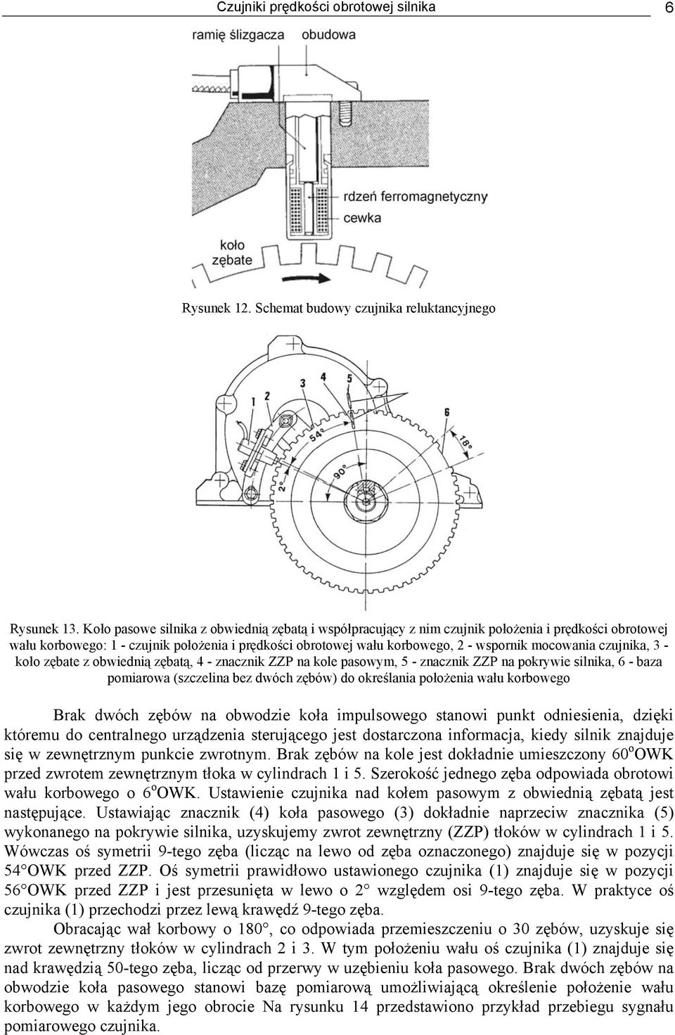 mocowania czujnika, 3 - koło zębate z obwiednią zębatą, 4 - znacznik ZZP na kole pasowym, 5 - znacznik ZZP na pokrywie silnika, 6 - baza pomiarowa (szczelina bez dwóch zębów) do określania położenia