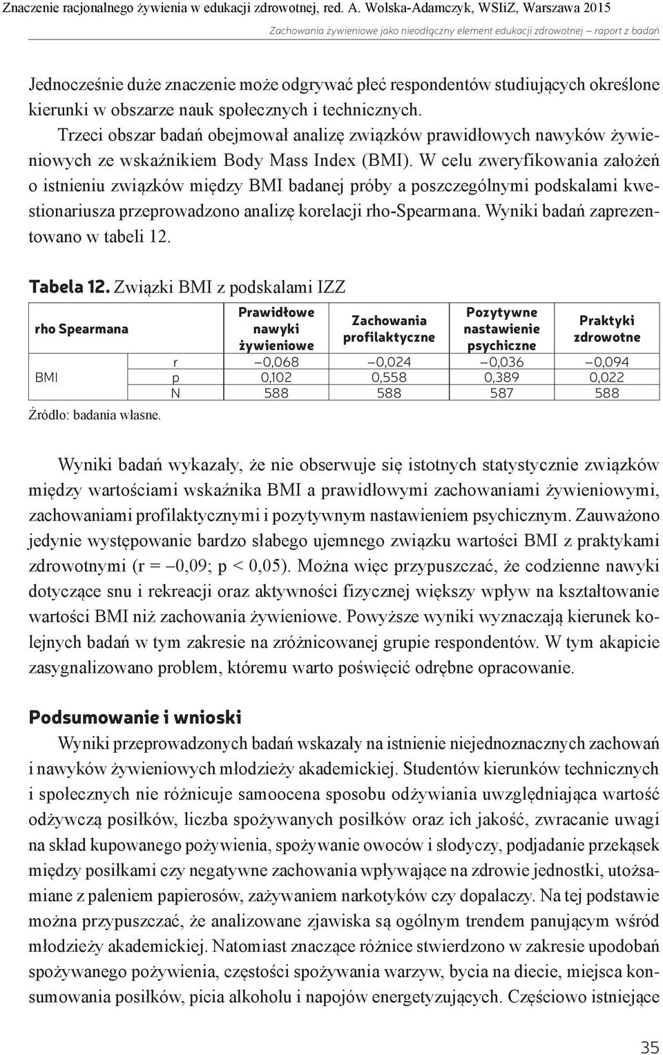 W celu zweryfikowania założeń o istnieniu związków między BMI badanej próby a poszczególnymi podskalami kwestionariusza przeprowadzono analizę korelacji rho-spearmana.