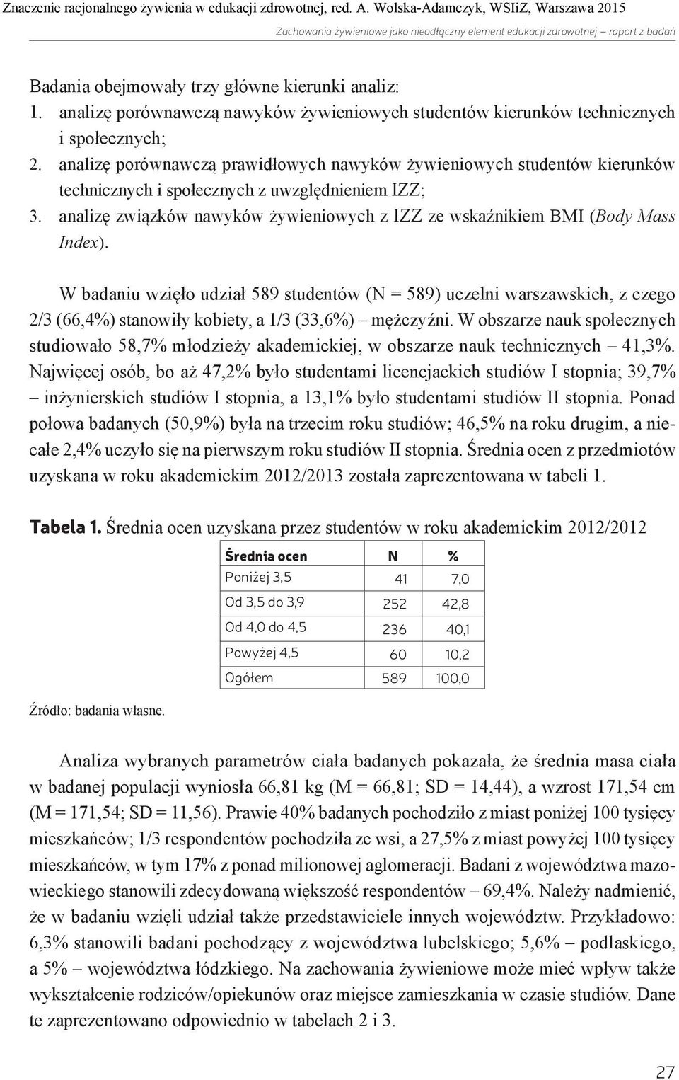 analizę porównawczą prawidłowych nawyków żywieniowych studentów kierunków technicznych i społecznych z uwzględnieniem IZZ; 3.