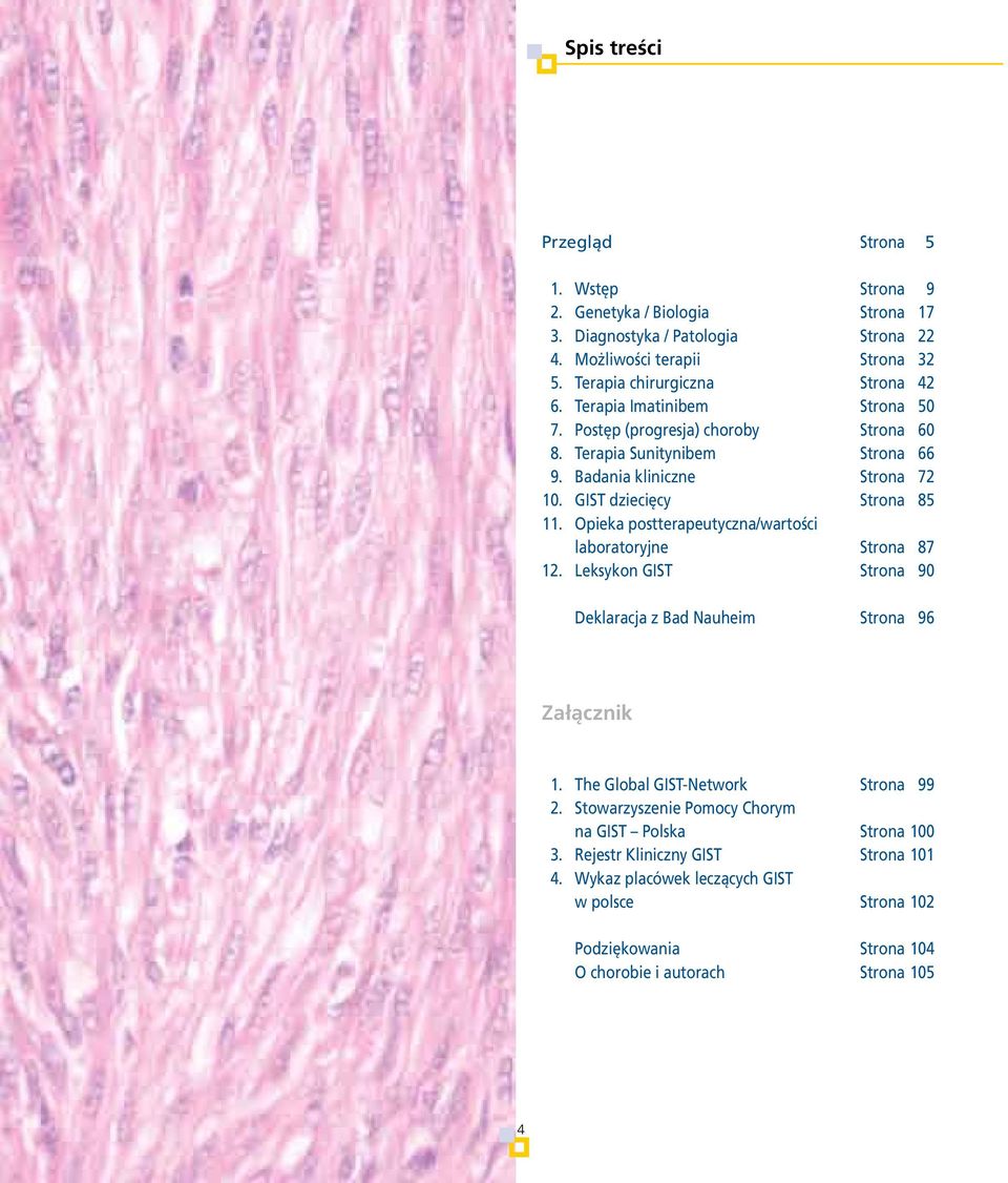 GIST dziecięcy Strona 85 11. Opieka postterapeutyczna/wartości laboratoryjne Strona 87 12. Leksykon GIST Strona 90 Deklaracja z Bad Nauheim Strona 96 Załącznik 1.