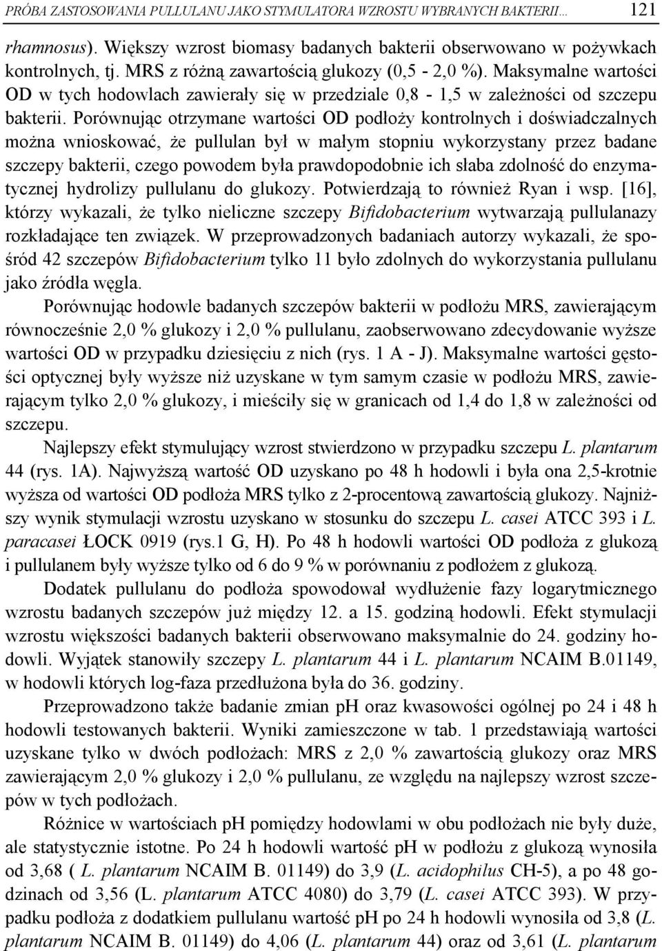 Porównując otrzymane wartości podłoży kontrolnych i doświadczalnych można wnioskować, że pullulan był w małym stopniu wykorzystany przez badane szczepy bakterii, czego powodem była prawdopodobnie ich