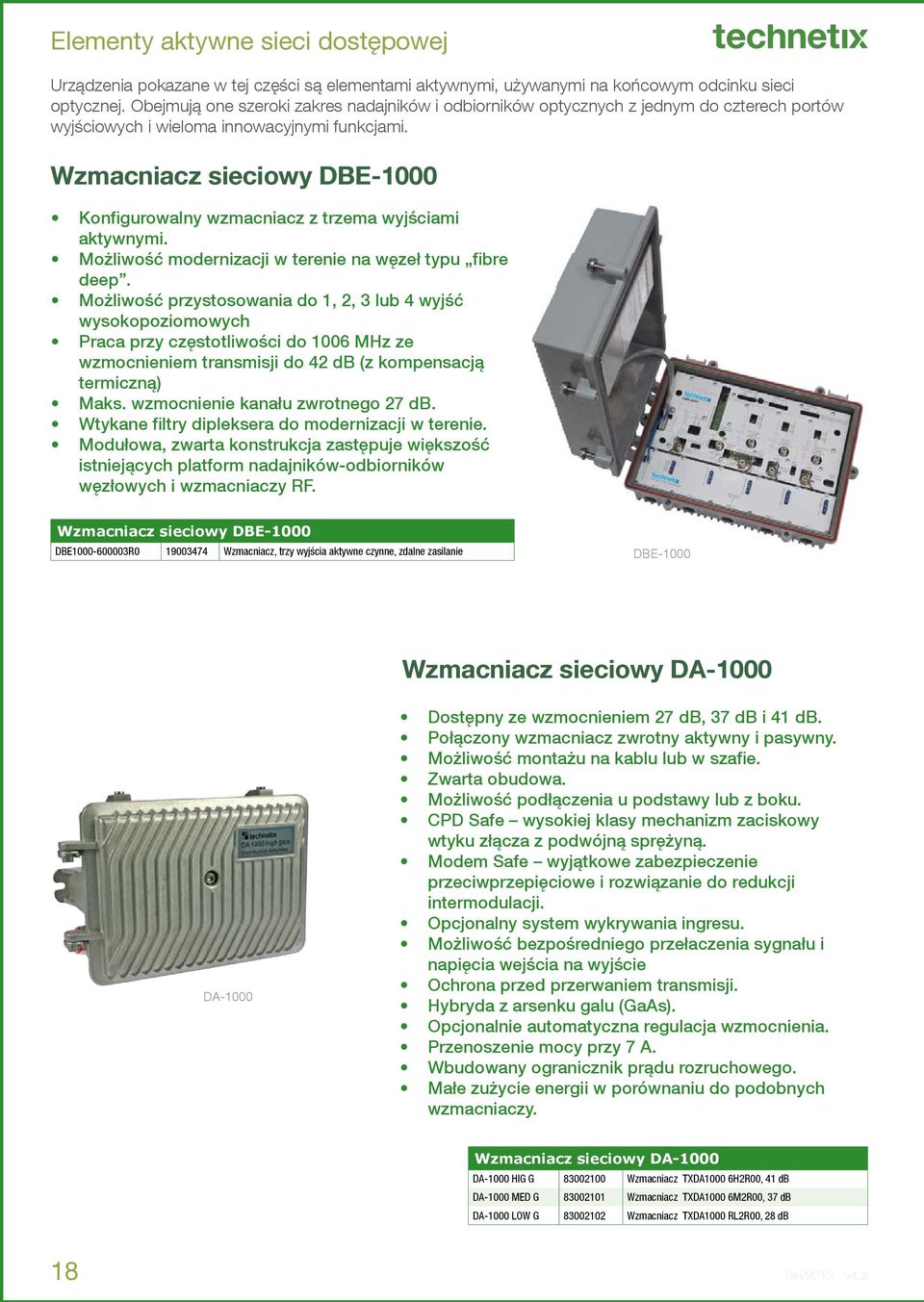 Wzmacniacz sieciowy DBE-1000 Konfigurowalny wzmacniacz z trzema wyjściami aktywnymi. Możliwość modernizacji w terenie na węzeł typu fibre deep.