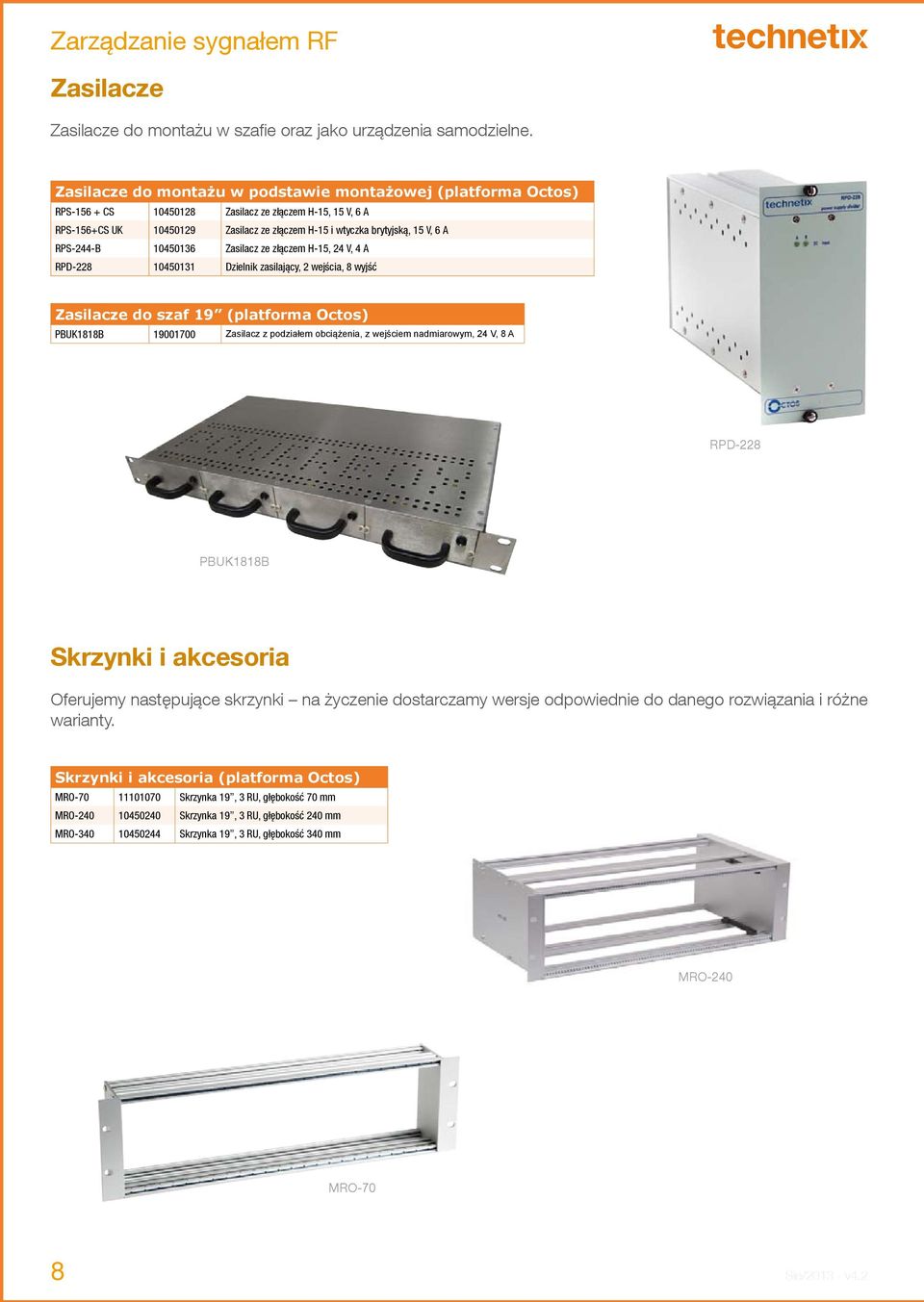 RPS-244-B 10450136 Zasilacz ze złączem H-15, 24 V, 4 A RPD-228 10450131 Dzielnik zasilający, 2 wejścia, 8 wyjść Zasilacze do szaf 19 (platforma Octos) PBUK1818B 19001700 Zasilacz z podziałem