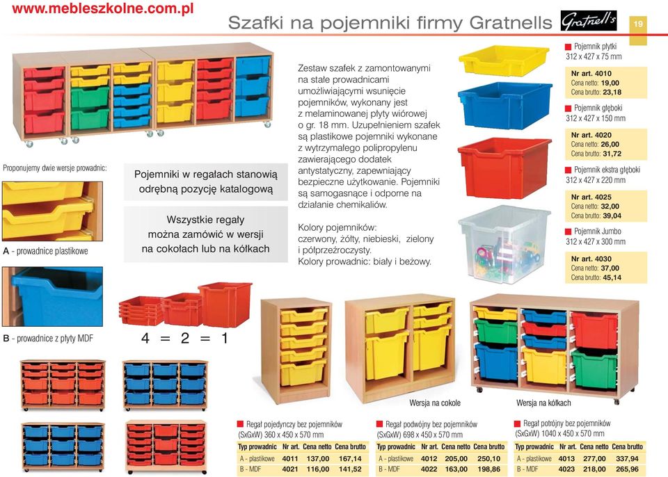 Uzupe nieniem szafek sà plastikowe pojemniki wykonane z wytrzyma ego polipropylenu zawierajàcego dodatek antystatyczny, zapewniajàcy bezpieczne u ytkowanie.