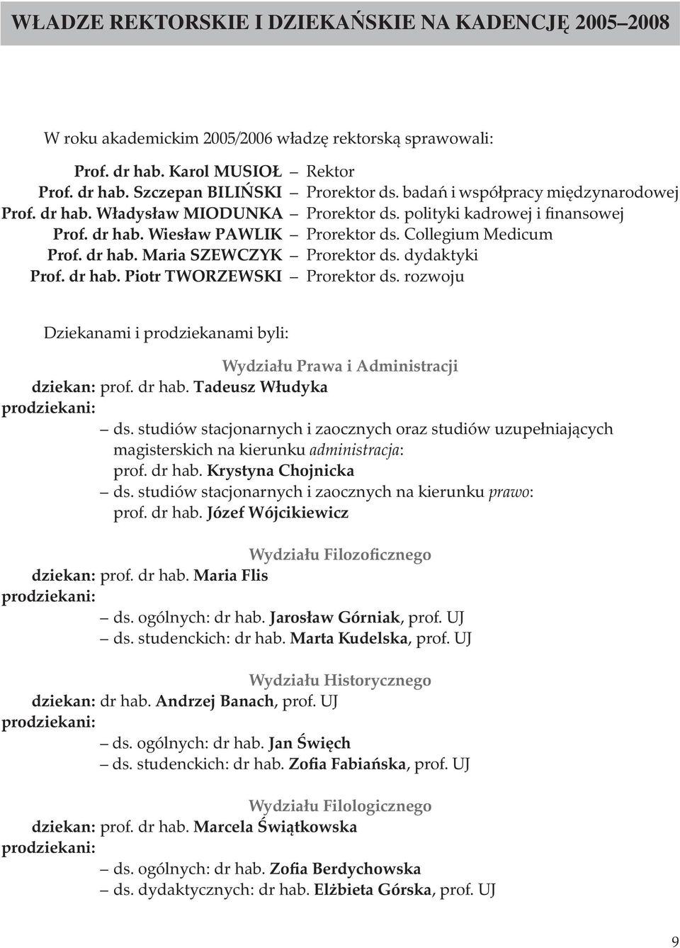 dydaktyki Prof. dr hab. Piotr TWORZEWSKI Prorektor ds. rozwoju Dziekanami i prodziekanami byli: Wydziału Prawa i Administracji dziekan: prof. dr hab. Tadeusz Włudyka prodziekani: ds.