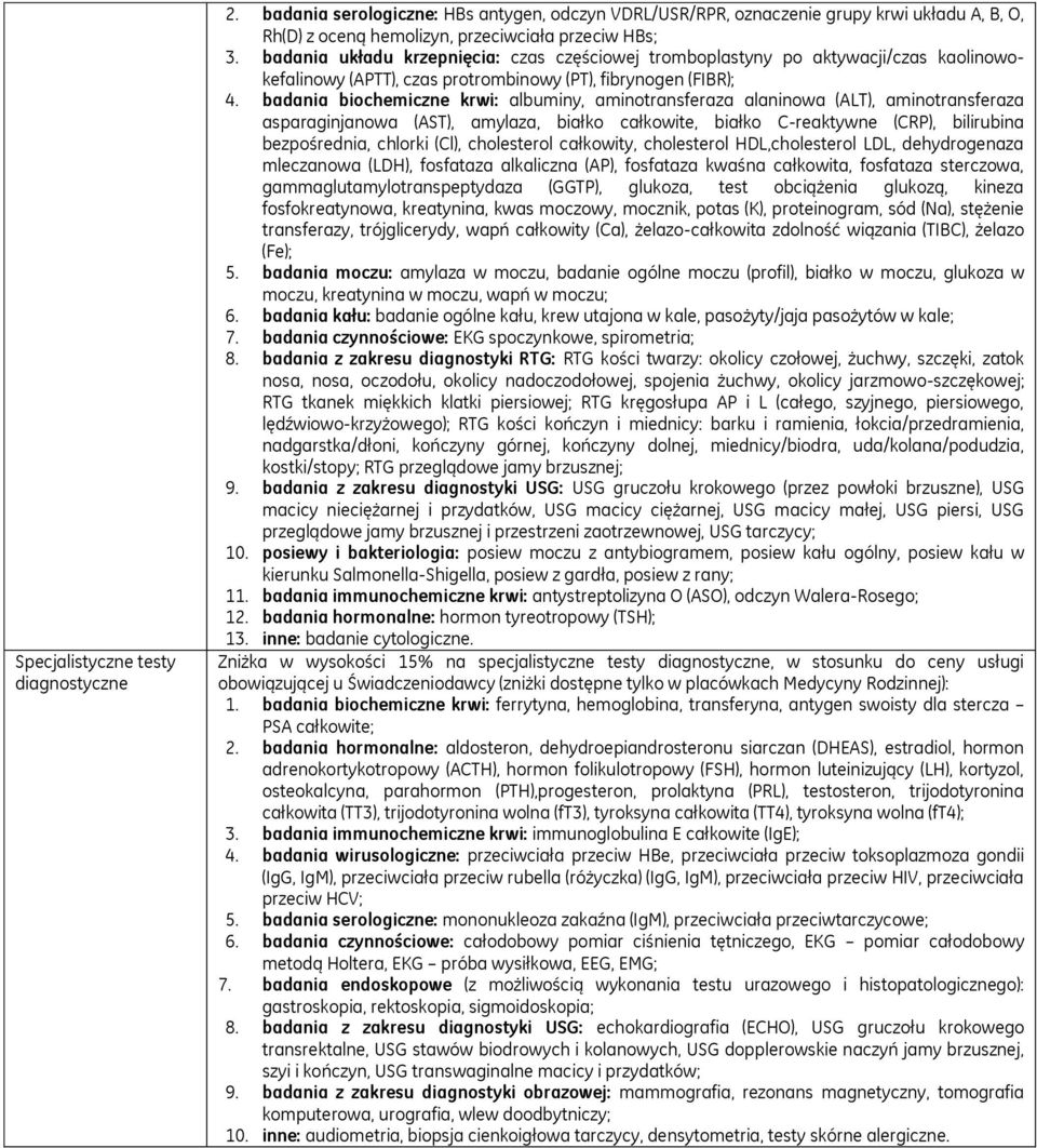 badania biochemiczne krwi: albuminy, aminotransferaza alaninowa (ALT), aminotransferaza asparaginjanowa (AST), amylaza, białko całkowite, białko C-reaktywne (CRP), bilirubina bezpośrednia, chlorki