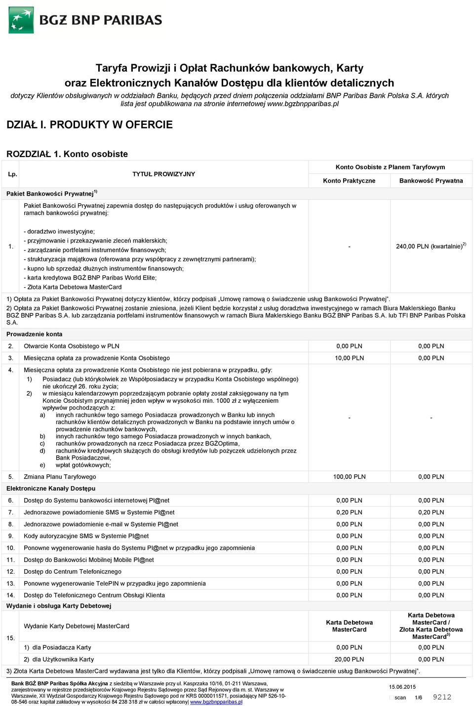 Pakiet Bankowości Prywatnej 1) TYTUŁ PROWIZYJNY Pakiet Bankowości Prywatnej zapewnia dostęp do następujących produktów i usług oferowanych w ramach bankowości prywatnej: Konto Osobiste z Planem