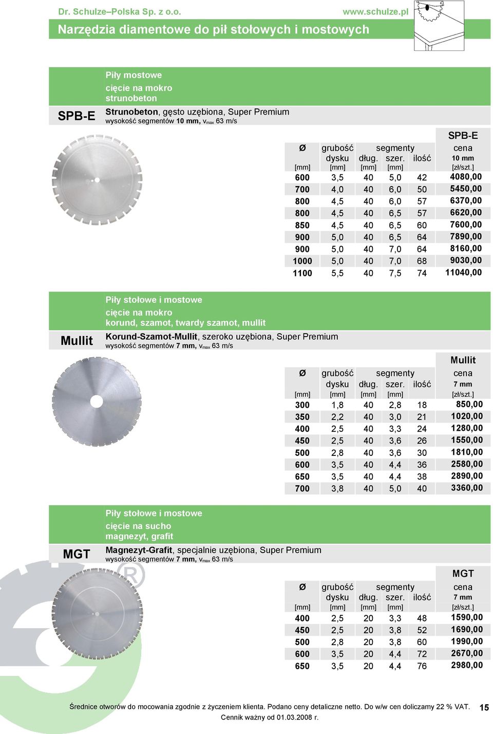 Super Premium wysokość segmentów mm, vmax 63 m/s Mullit 0 00 60 00 1,8 3,8 3,6 3,6 21 26 30 38 mm 80,00 10,00 1280,00 10,00 10,00 280,00 280,00 30,00 Piły stołowe i mostowe cięcie na sucho