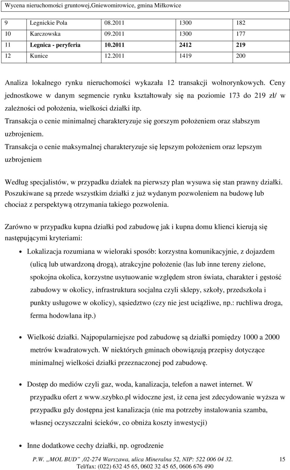 Ceny jednostkowe w danym segmencie rynku kształtowały się na poziomie 173 do 219 zł/ w zależności od położenia, wielkości działki itp.