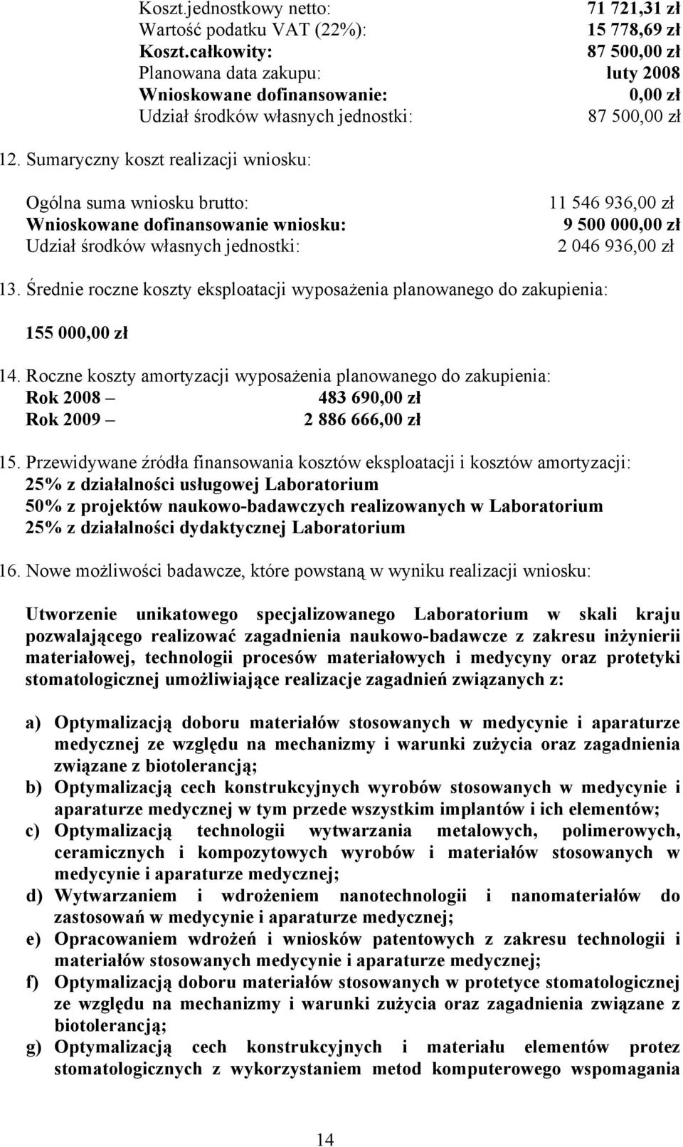 Sumaryczny koszt realizacji wniosku: Ogólna suma wniosku brutto: Wnioskowane dofinansowanie wniosku: Udział środków własnych jednostki: 11 546 936,00 zł 9 500 000,00 zł 2 046 936,00 zł 13.