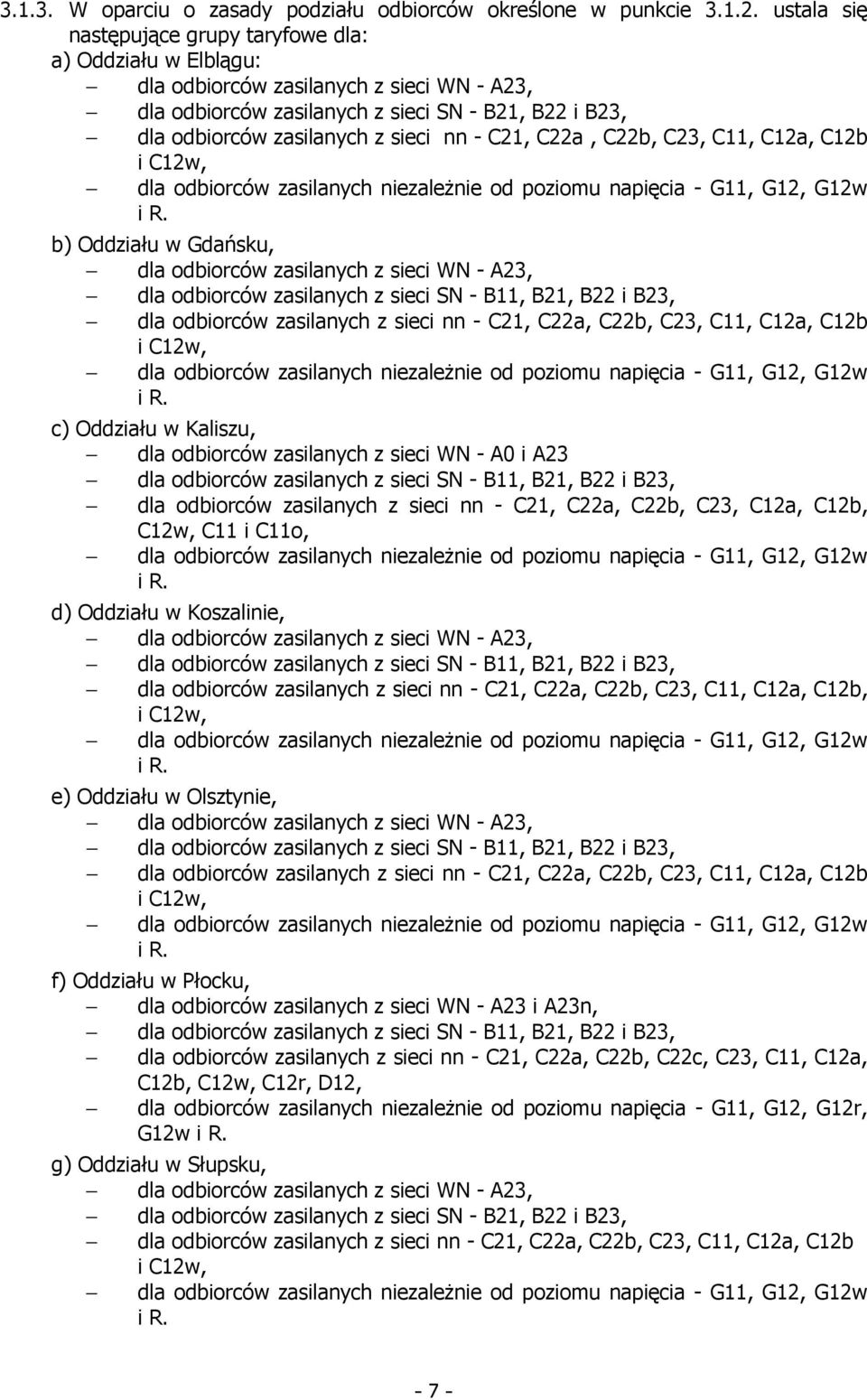 - C21, C22a, C22b, C23, C11, C12a, C12b i C12w, dla odbiorców zasilanych niezaleŝnie od poziomu napięcia - G11, G12, G12w i R.