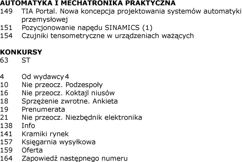 tensometryczne w urządzeniach waŝących KONKURSY 63 ST 4 Od wydawcy 4 10 Nie przeocz. Podzespoły 16 Nie przeocz.