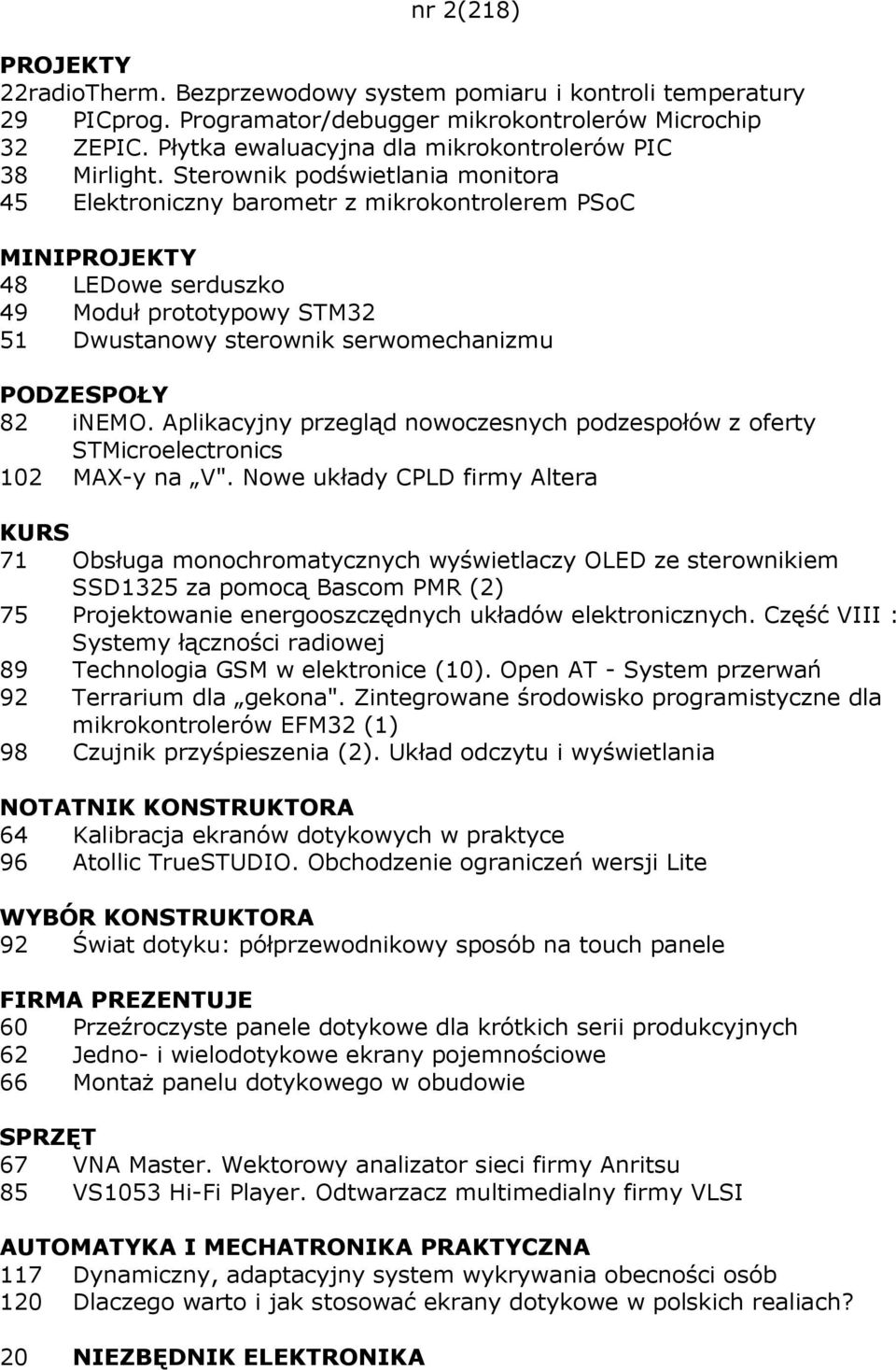 Sterownik podświetlania monitora 45 Elektroniczny barometr z mikrokontrolerem PSoC MINIPROJEKTY 48 LEDowe serduszko 49 Moduł prototypowy STM32 51 Dwustanowy sterownik serwomechanizmu PODZESPOŁY 82