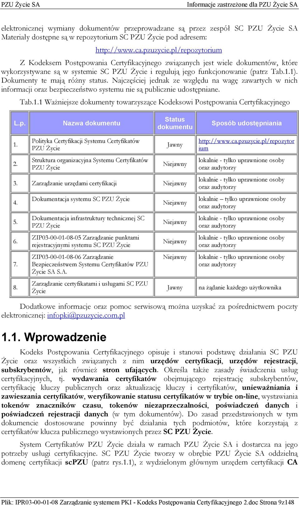 Dokumenty te mają różny status. Najczęściej jednak ze względu na wagę zawartych w nich informacji oraz bezpieczeństwo systemu nie są publicznie udostępniane. Tab.1.