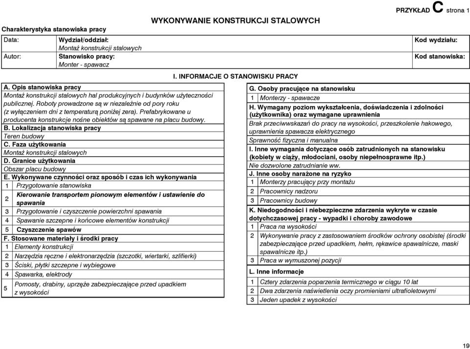 Prefabrykowane u producenta konstrukcje nośne obiektów są spawane na placu budowy. B. Lokalizacja stanowiska pracy Teren budowy C. Faza użytkowania Montaż konstrukcji stalowych D.