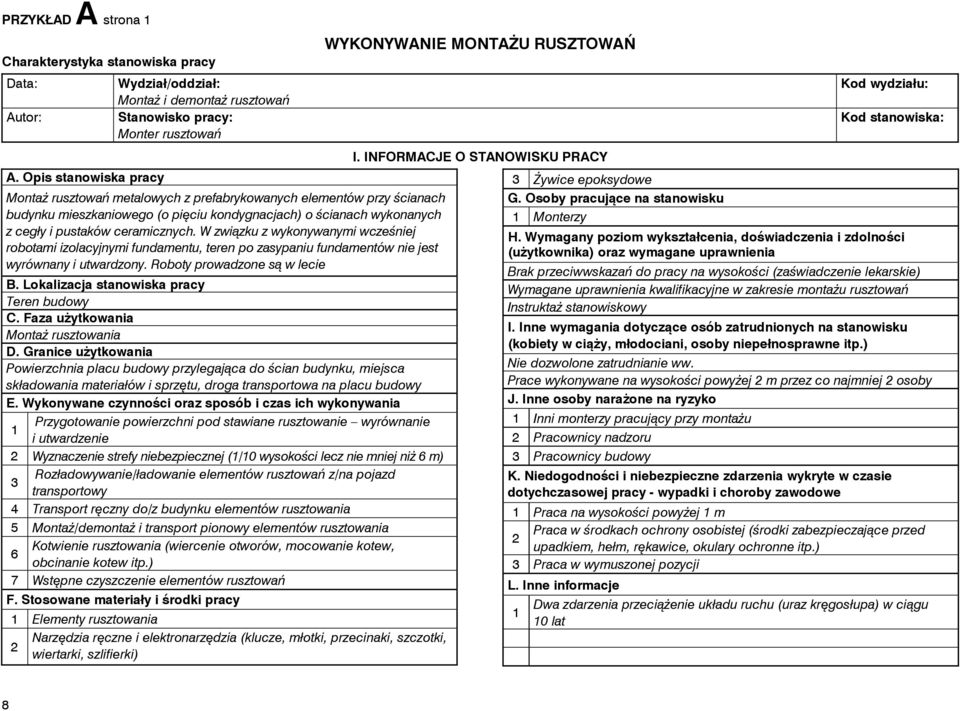 Opis stanowiska pracy Montaż rusztowań metalowych z prefabrykowanych elementów przy ścianach budynku mieszkaniowego (o pięciu kondygnacjach) o ścianach wykonanych z cegły i pustaków ceramicznych.