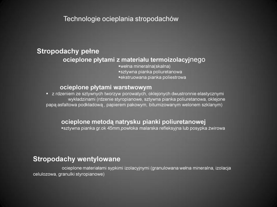 poliuretanowa, oklejone papą asfaltowa podkładową, papierem pakowym, bitumizowanym welonem szklanym) ocieplone metodą natrysku pianki poliuretanowej sztywna pianka gr.