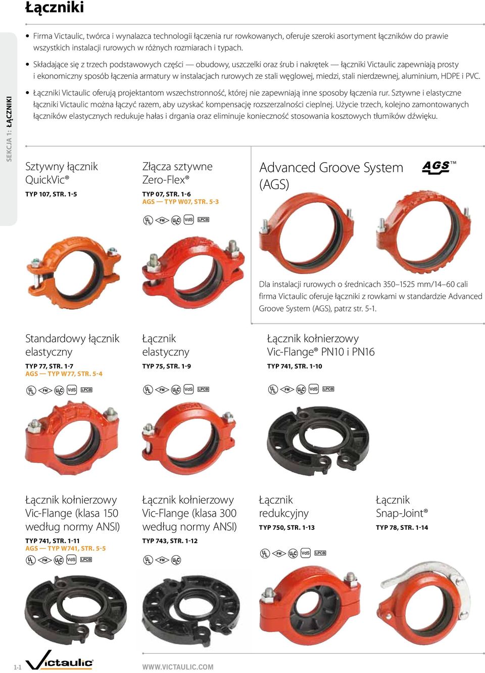 węglowej, miedzi, stali nierdzewnej, aluminium, HDPE i PVC. sekcja 1: Łączniki Łączniki Victaulic oferują projektantom wszechstronność, której nie zapewniają inne sposoby łączenia rur.