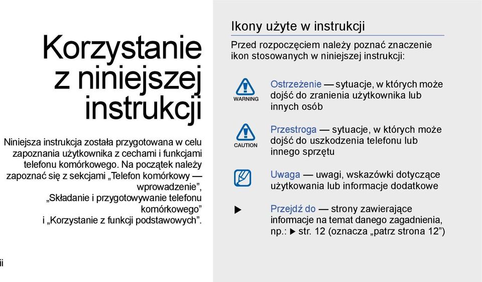 Ikony użyte w instrukcji Przed rozpoczęciem należy poznać znaczenie ikon stosowanych w niniejszej instrukcji: Ostrzeżenie sytuacje, w których może dojść do zranienia użytkownika lub innych osób