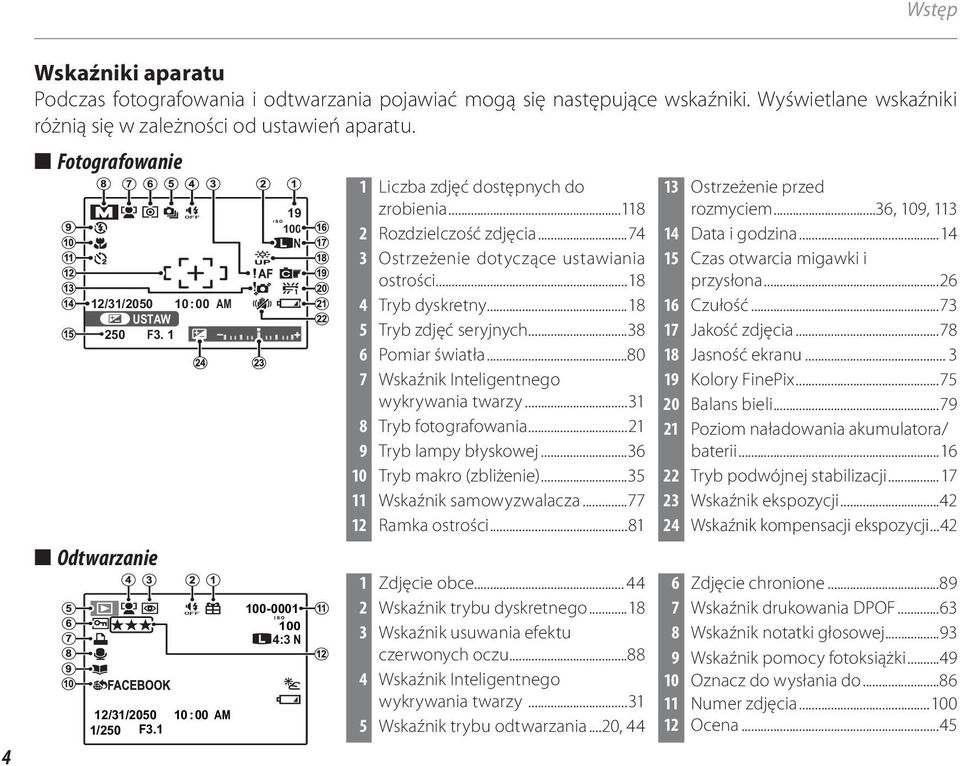 ..74 3 Ostrzeżenie dotyczące ustawiania ostrości...18 4 Tryb dyskretny...18 5 Tryb zdjęć seryjnych...38 6 Pomiar światła...80 7 Wskaźnik Inteligentnego wykrywania twarzy...31 8 Tryb fotografowania.