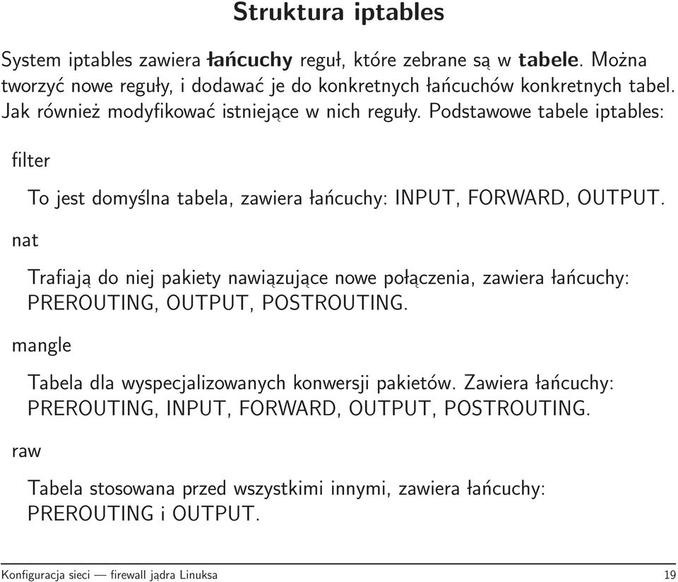 Trafiaja do niej pakiety nawiazuj ace nowe po laczenia, zawiera lańcuchy: PREROUTING, OUTPUT, POSTROUTING. mangle Tabela dla wyspecjalizowanych konwersji pakietów.