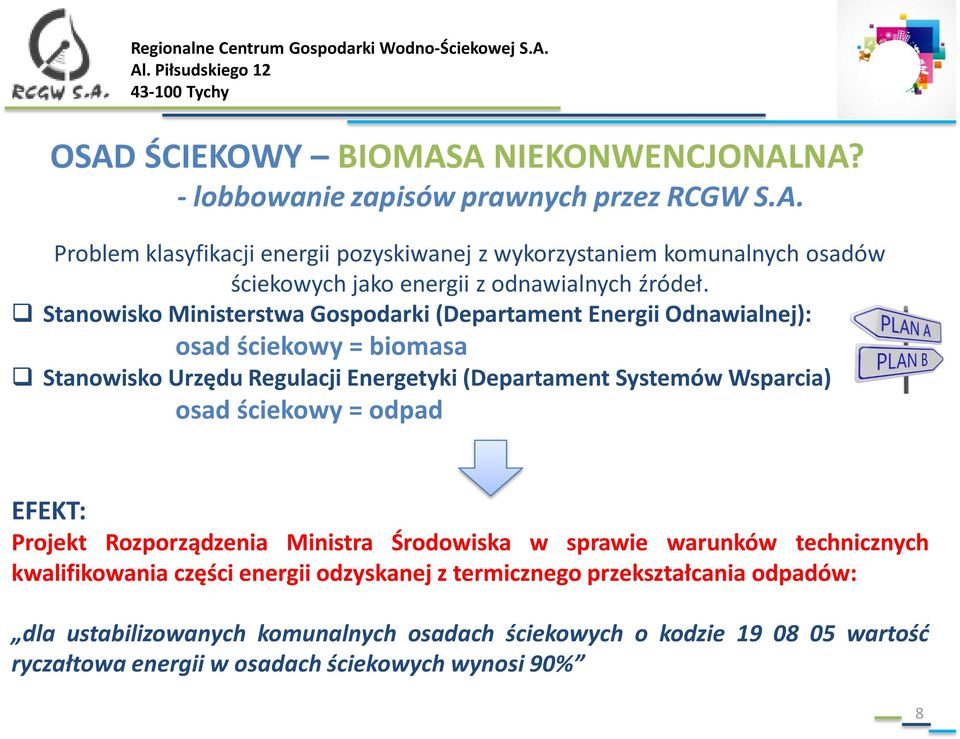 ściekowy = odpad EFEKT: Projekt Rozporządzenia Ministra Środowiska w sprawie warunków technicznych kwalifikowania części energii odzyskanej z termicznego przekształcania
