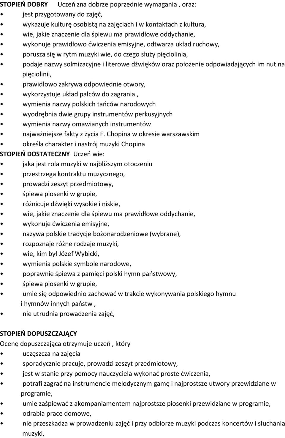 zakrywa odpowiednie otwory, wykorzystuje układ palców do zagrania, wymienia nazwy polskich tańców narodowych wyodrębnia dwie grupy instrumentów perkusyjnych wymienia nazwy omawianych instrumentów