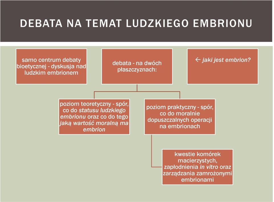 poziom teoretyczny - spór, co do statusu ludzkiego embrionu oraz co do tego jaką wartość moralną ma embrion