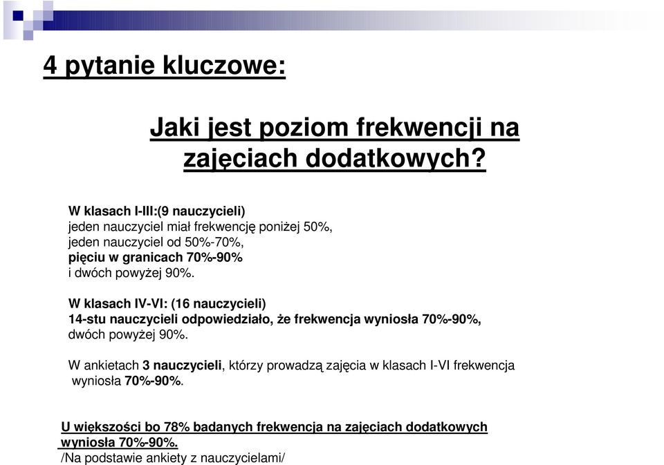 dwóch powyŝej 90%. W klasach IV-VI: (16 nauczycieli) 14-stu nauczycieli odpowiedziało, Ŝe frekwencja wyniosła 70%-90%, dwóch powyŝej 90%.