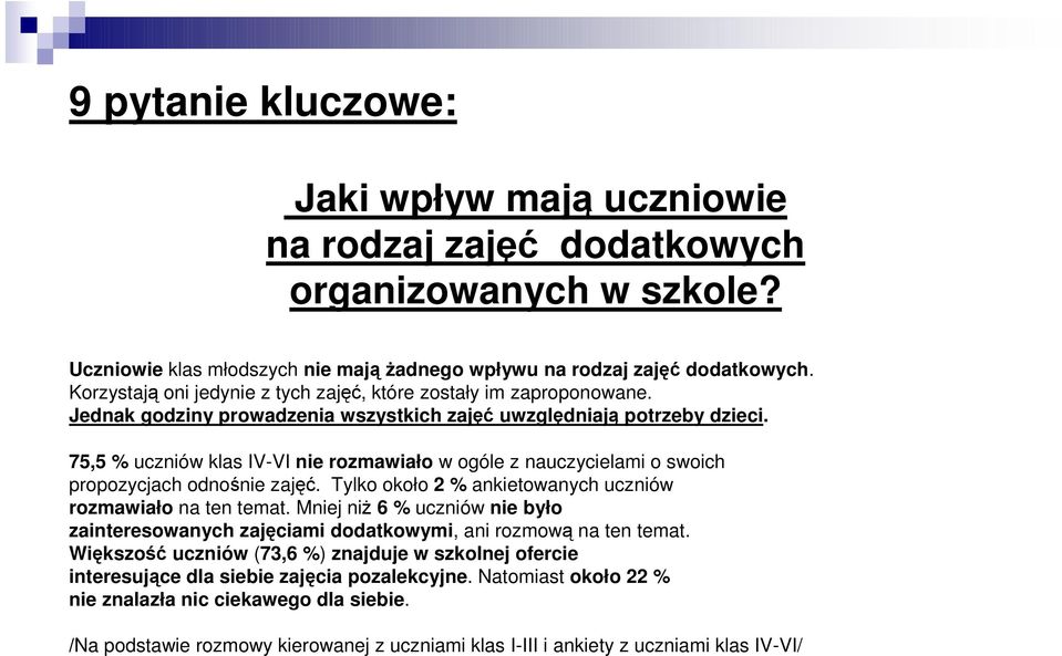 75,5 % uczniów klas IV-VI nie rozmawiało w ogóle z nauczycielami o swoich propozycjach odnośnie zajęć. Tylko około 2 % ankietowanych uczniów rozmawiało na ten temat.