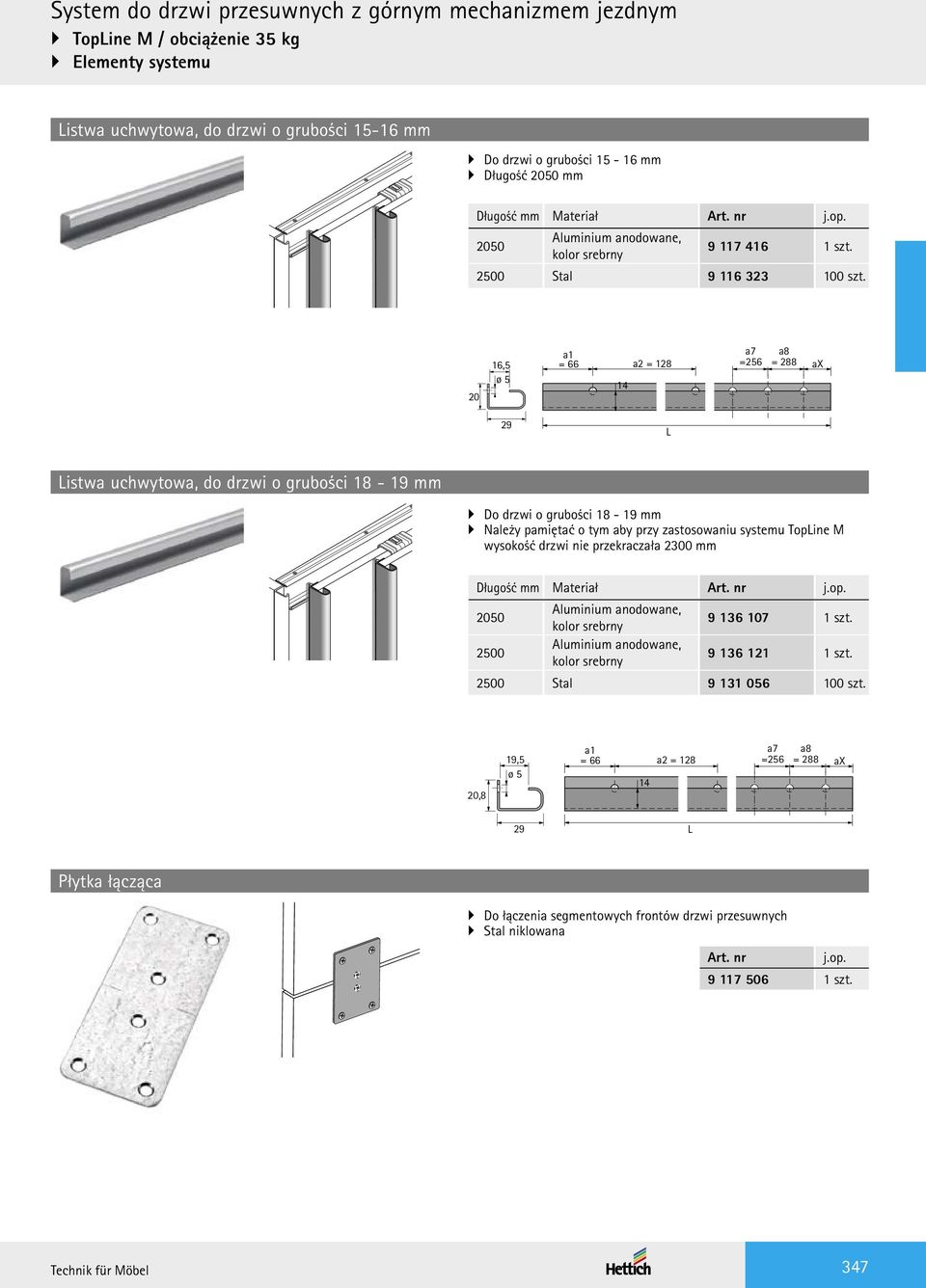 zastosowaniu systemu Topine M wysokość drzwi nie przekraczała 2300 mm 2050 9 136 107 1 szt. 2500 9 136 121 1 szt. 2500 Stal 9 131 056 100 szt.