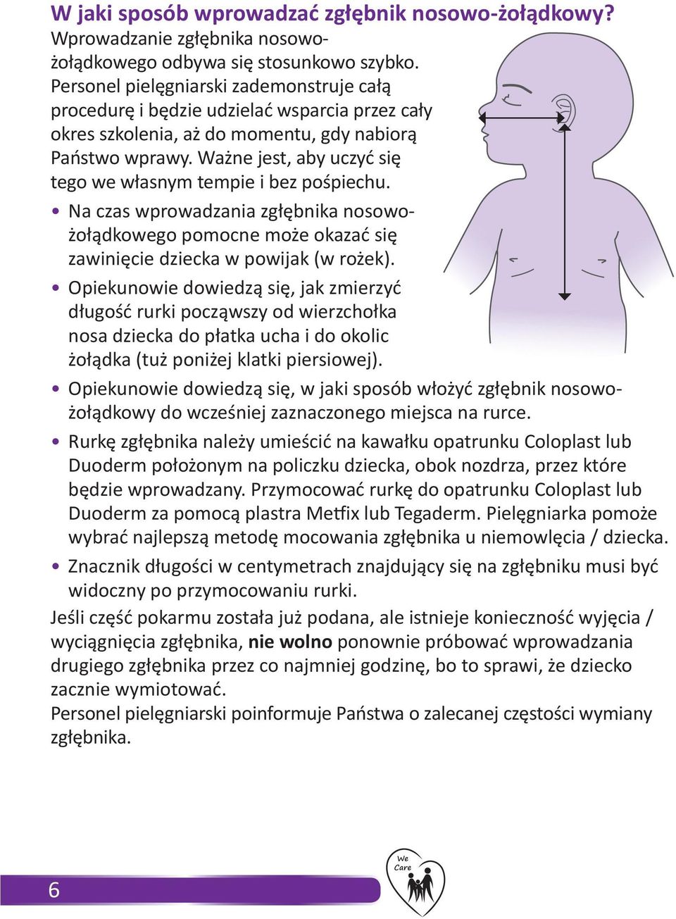 Ważne jest, aby uczyć się tego we własnym tempie i bez pośpiechu. Na czas wprowadzania zgłębnika nosowożołądkowego pomocne może okazać się zawinięcie dziecka w powijak (w rożek).